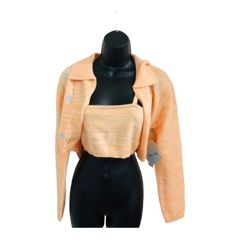 Peach blue floral appliqué crop wrap sweater & cami‎ sweater set size large new